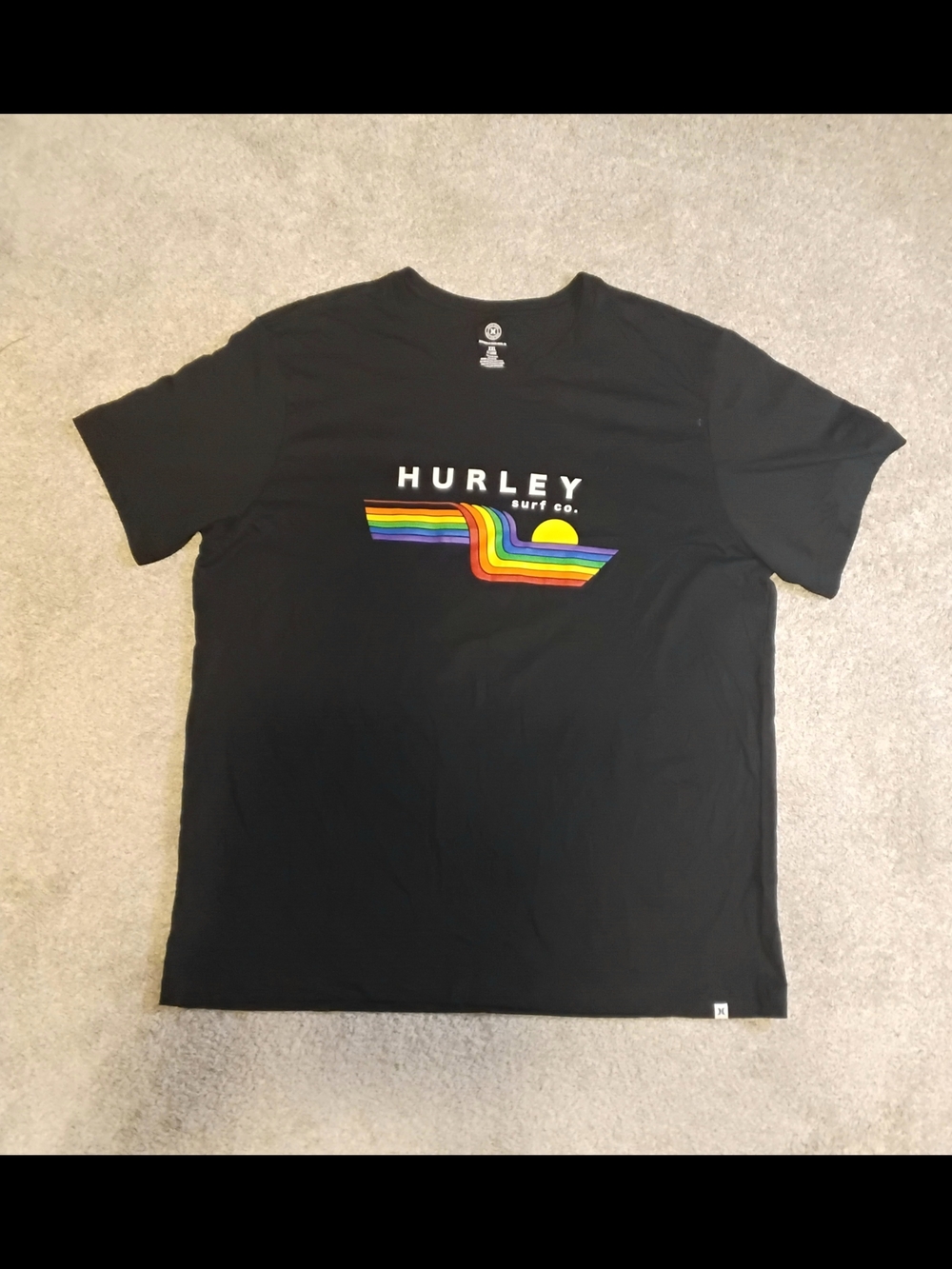 Hurley Black Tee with Rainbow Stripe Surf Graphic